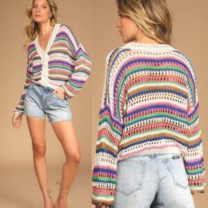 Lulus Best Trends Forever Ivory Striped Loose Knit Cardigan Sweater 26605